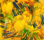 immagine astratta screziata come di fiori di colore giallo intenso con linee fluide ricurve in toni di dominante di colore giallo