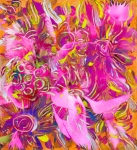 immagine con tema floreale astratto con forme simili a fiori con dominante di colore rosa e toni arancioni
