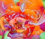 immagine astratta dinamica con forme astratte in movimento tipo un turbino di fiori, in dominante di colore rosso e toni arancioni
