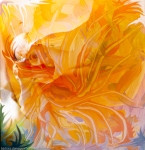 immagine onirica evocativa di fiore con pistilli dominante di colore arancione con forme fluide astratte