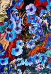 immagine di arte astratta con motivo floreale di forme di fiori di colore indaco su sfondo screziato