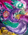 immagine astratta con turbini e forme circolari dai toni di color porpora con screziature e con colori verdi,bianchi,fucsia,porpora e giallo